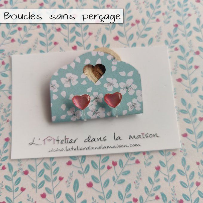 Boucles d'oreilles sans perçage coeur rose irisé