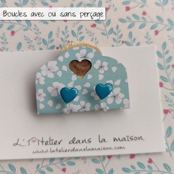 Boucles d'oreilles sans perçage coeur bleu