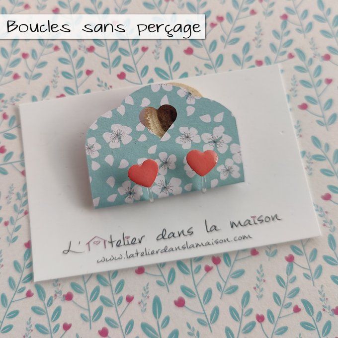Boucles d'oreilles sans perçage coeur corail
