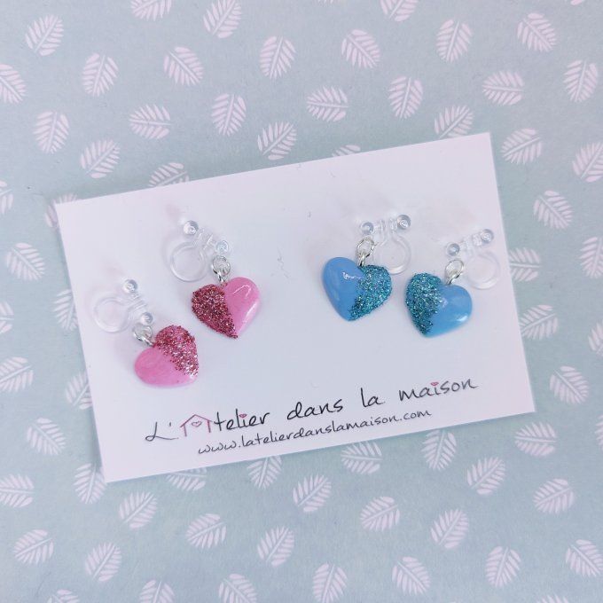 boucles coeurs pour oreilles non percées avec paillettes