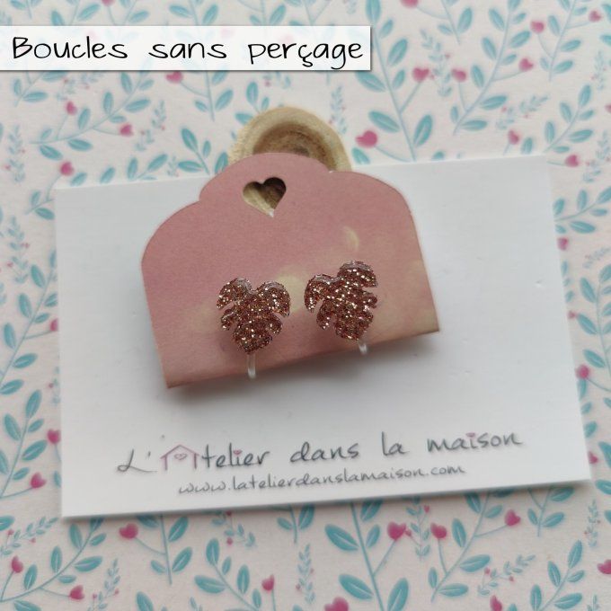 Boucles d'oreilles sans perçage feuille exotique à paillette