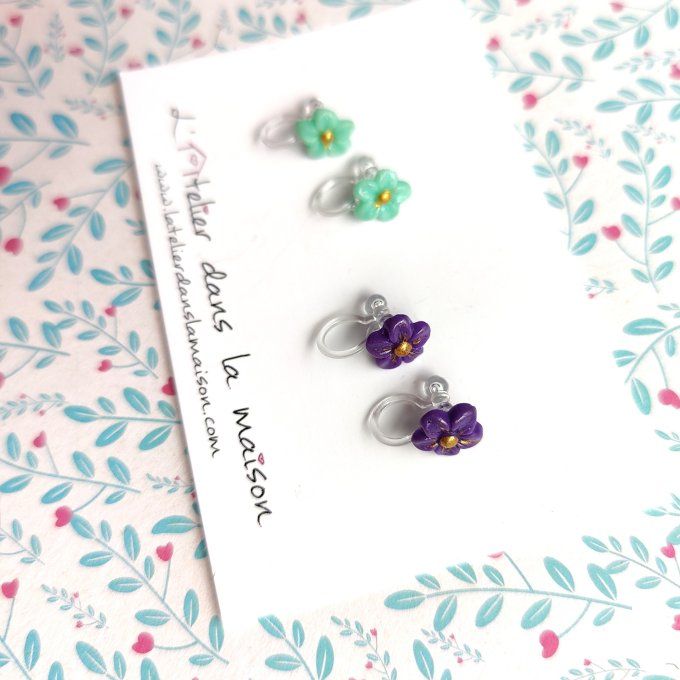 Boucles d'oreilles sans perçage mini fleurs violettes ou turquoises