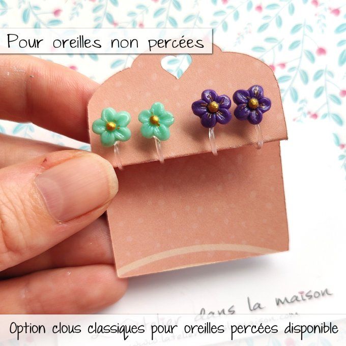 Boucles d'oreilles sans perçage mini fleurs violettes ou turquoises