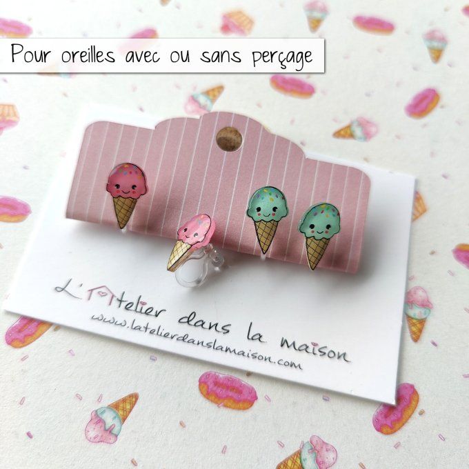 Boucles d'oreilles avec ou sans perçage cornet de glace