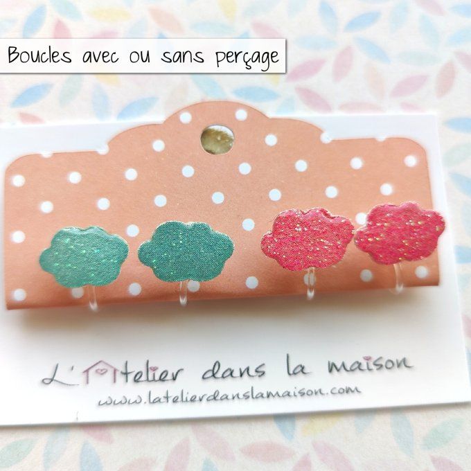 Boucles d'oreilles sans perçage nuage à paillettes rose ou bleu