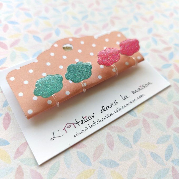 Boucles d'oreilles sans perçage nuage à paillettes rose ou bleu