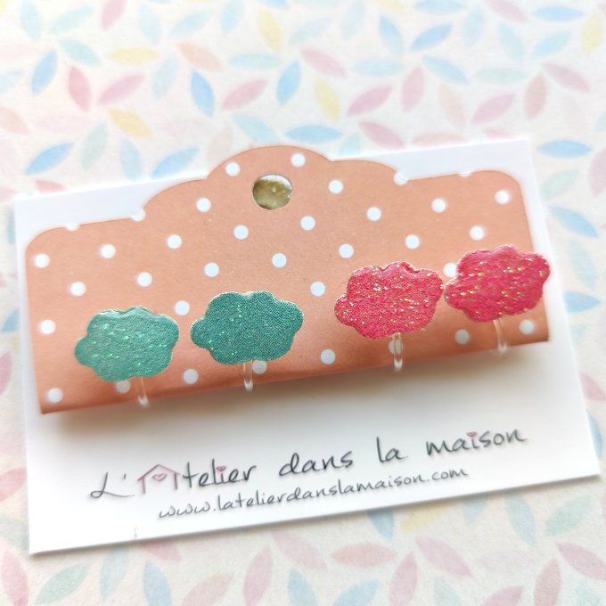 Boucles d'oreilles sans perçage nuage à paillettes rose ou bleu