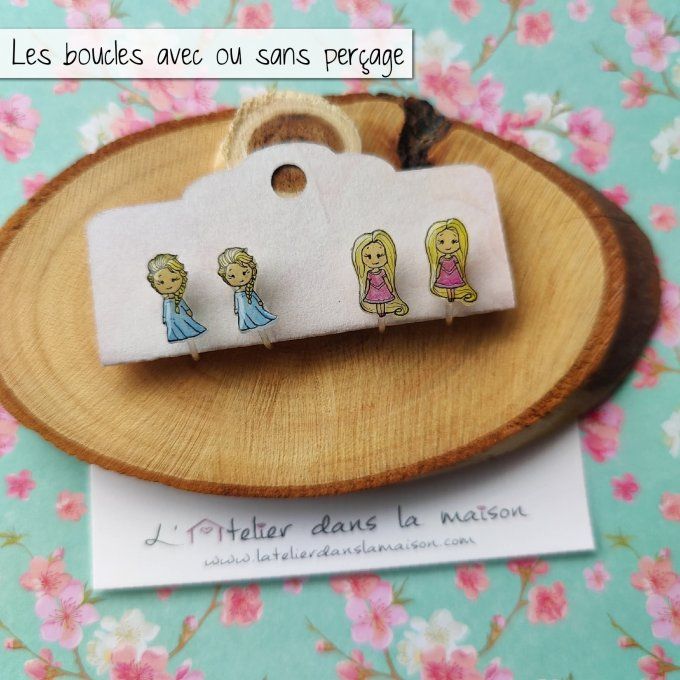 Boucles d'oreilles sans perçage princesses tons bleus ou violets