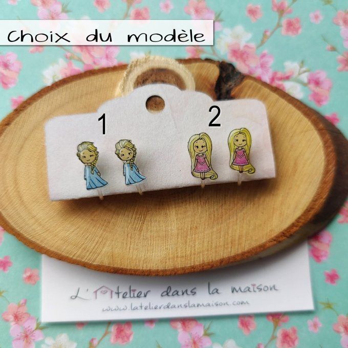 Boucles d'oreilles sans perçage princesses tons bleus ou violets