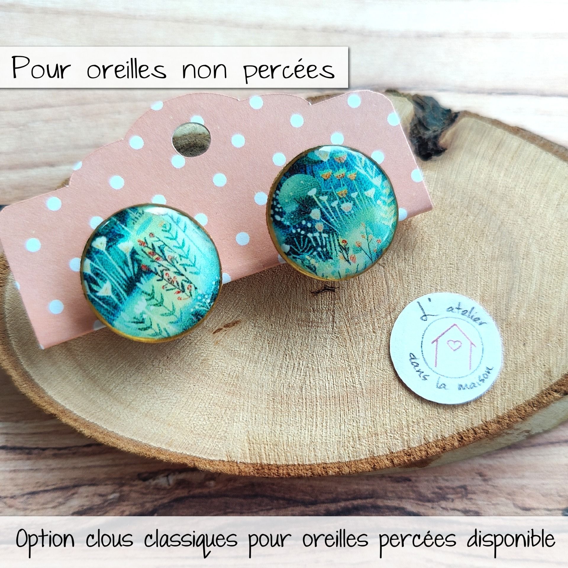 boucles d'oreilles ronde nature et or Les  clips ronds tons vert et or, boucles d'oreilles avec ou sans perçage