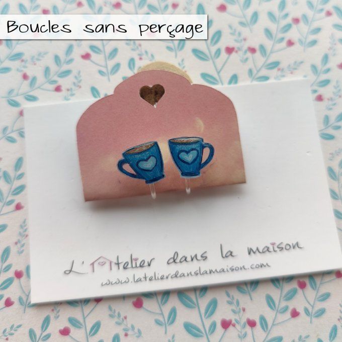 Boucles d'oreilles avec ou sans perçage tasses bleues