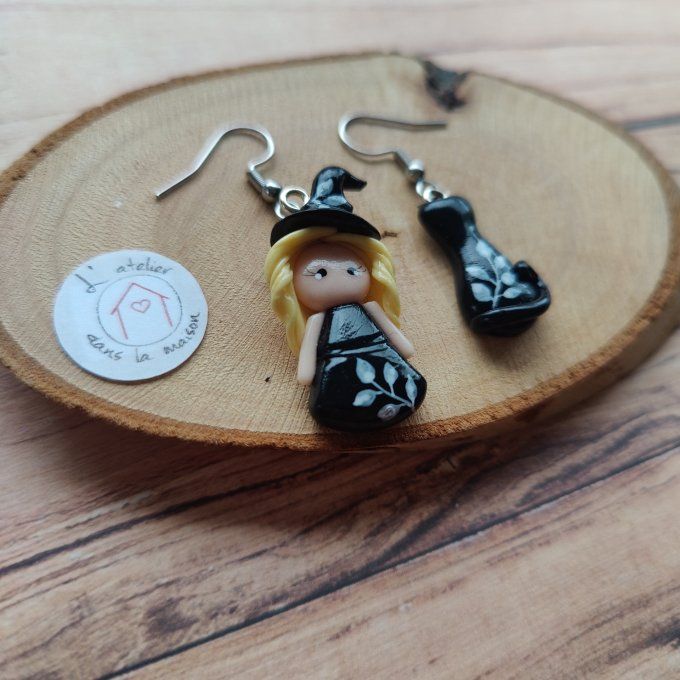 Boucles d'oreilles sorcière et chat noir