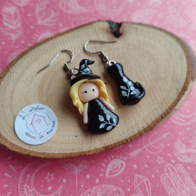 Boucles d'oreilles sorcière et chat noir