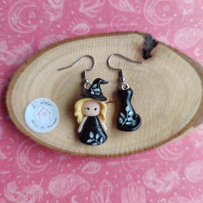 Boucles d'oreilles sorcière et chat noir