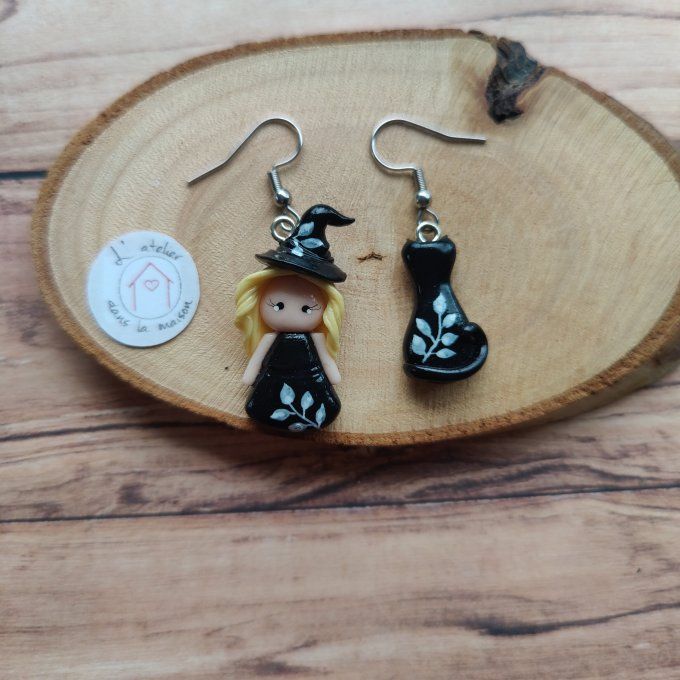 Boucles d'oreilles sorcière et chat noir