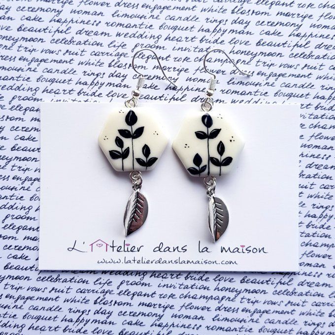 boucles d'oreilles feuille noir et blanc