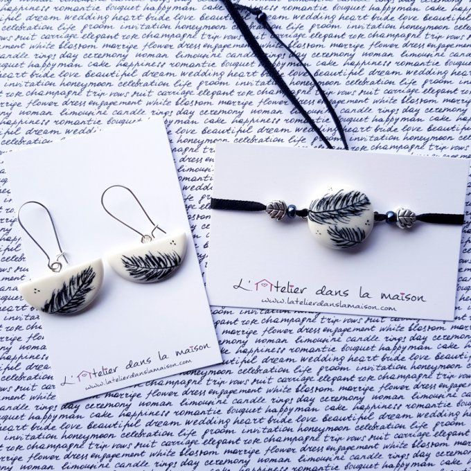 boucles d'oreilles et bracelet noir et blanc