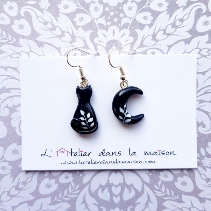 Boucles d'oreilles chat et lune