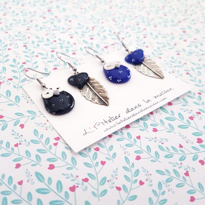 Boucles chouette et plume bleues ou noires