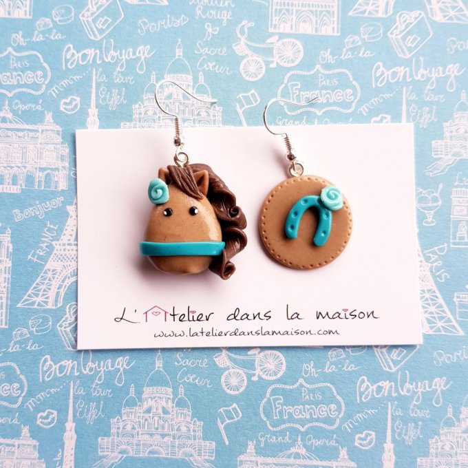 Boucles d'oreilles cheval marron et turquoise