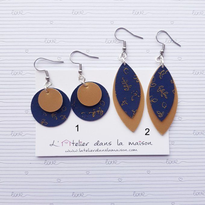 Boucles d'oreilles en simili cuir doré et bleu nuit