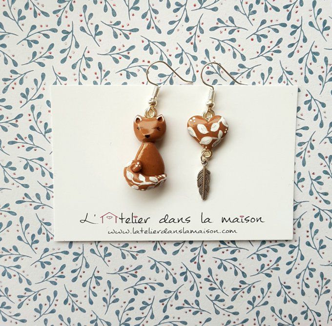 boucles d'oreilles renard et coeur