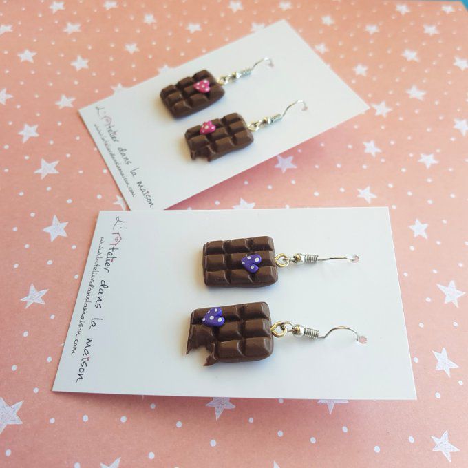 boucles d'oreilles carrés de chocolat rose ou mauve