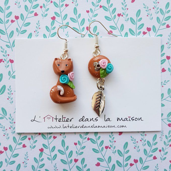 boucles d'oreilles renard fleurs