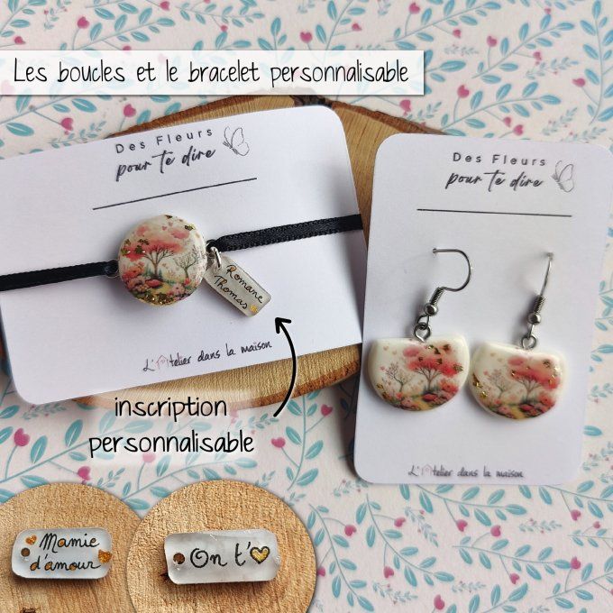 Boucles ou bracelet fleurs de cerisier personnalisable