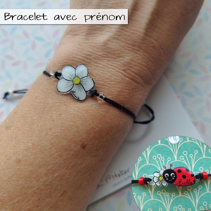 Bracelet réglable avec prénom fleur ou coccinelle