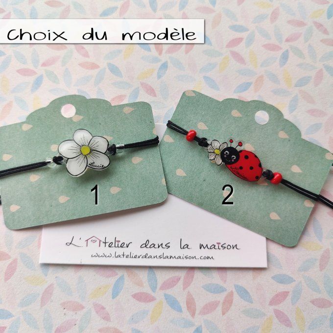 Bracelet réglable avec prénom fleur ou coccinelle