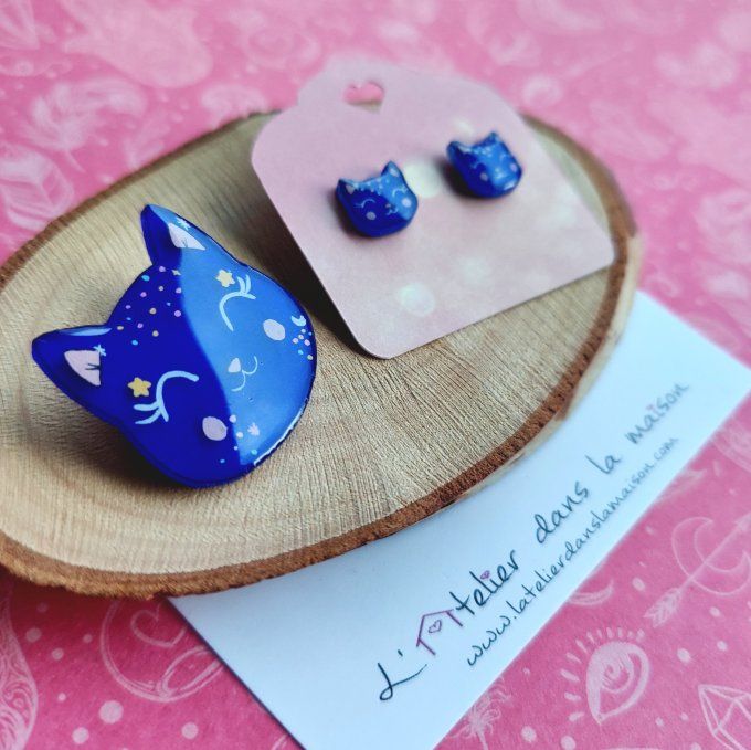 Boucles d'oreilles avec ou sans perçage chat galaxie ou broche