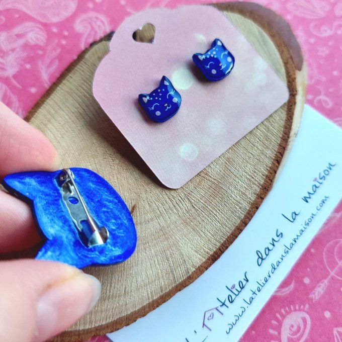 Boucles d'oreilles avec ou sans perçage chat galaxie ou broche