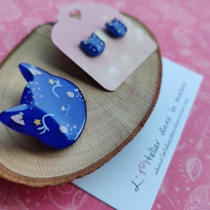 Boucles d'oreilles avec ou sans perçage chat galaxie ou broche