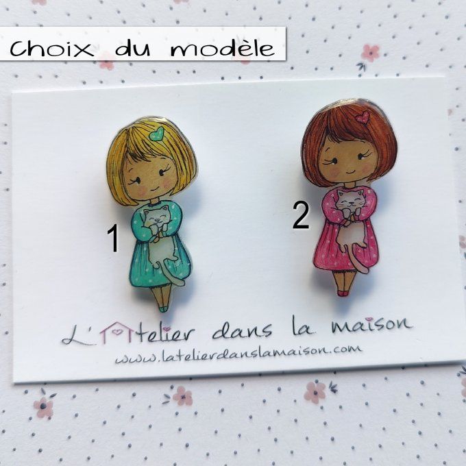 broche fille et chat rose ou turquoise