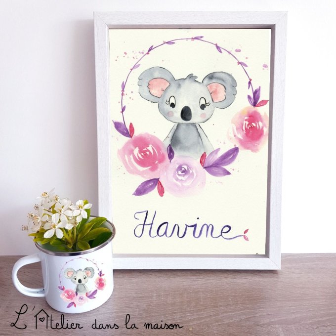 Cadre aquarelle koala rose et violet