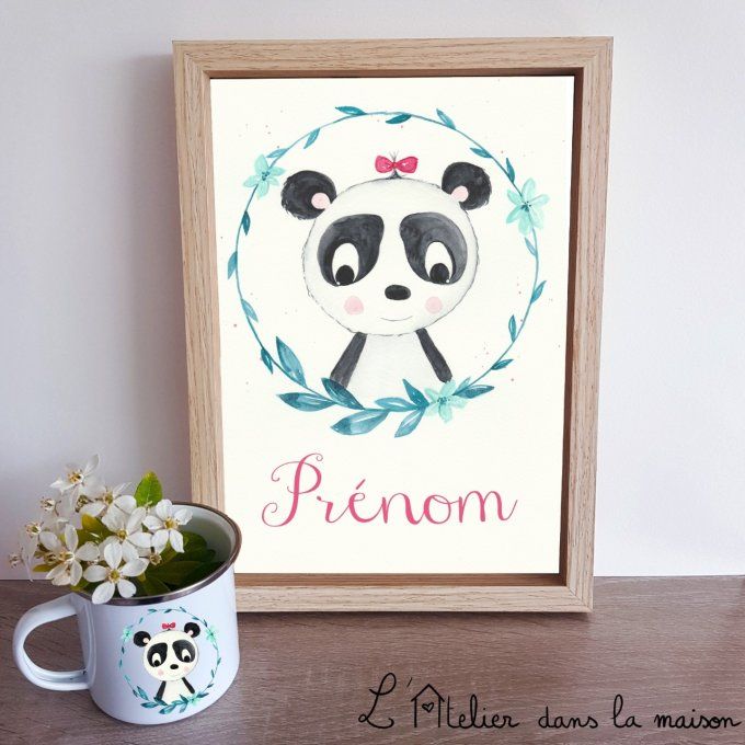 Aquarelle panda et couronne de feuilles