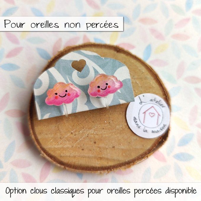 Boucles sans trous clip nuage enfant rose