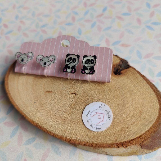 Boucles d'oreilles avec ou sans perçage koala ou panda