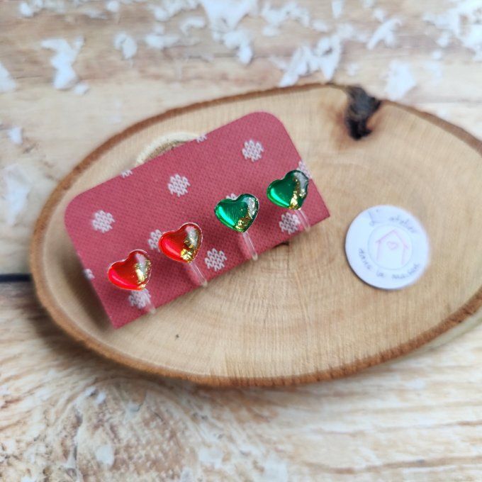Les petits clips coeurs de Noël, boucles d'oreilles avec ou sans perçage