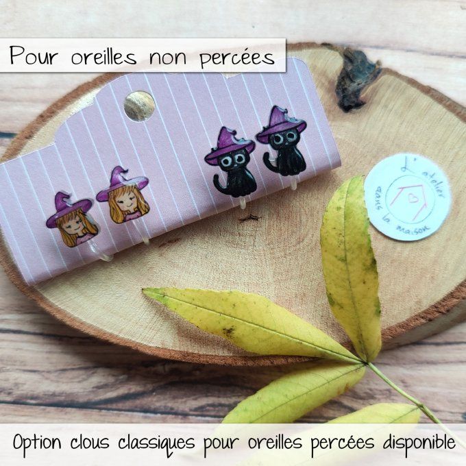 Boucles d'oreilles sorcière ou chat sorcier avec ou sans perçage 