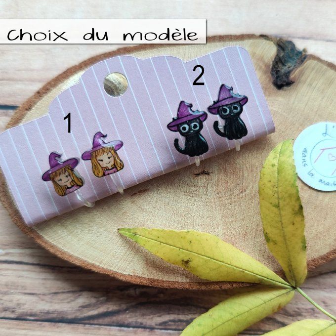 Boucles d'oreilles sorcière ou chat sorcier avec ou sans perçage 