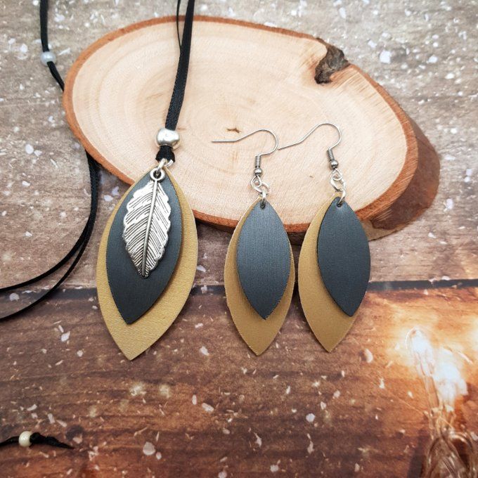 Collier ou Boucles d'oreilles noir et doré feuille