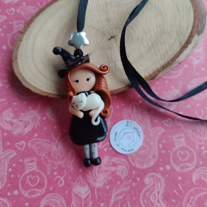 Collier sorcière rousse et chat