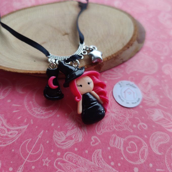 Collier sorcière, chat noir et étoile