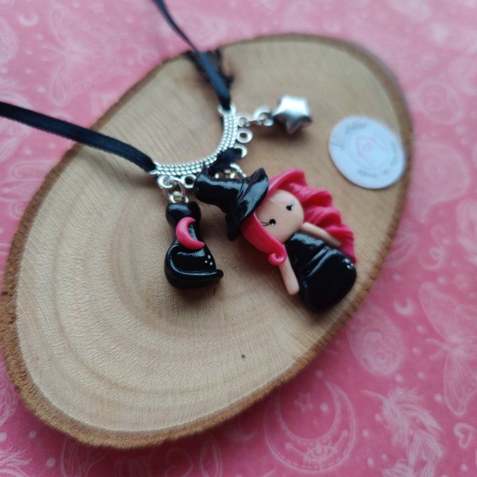 Collier sorcière, chat noir et étoile