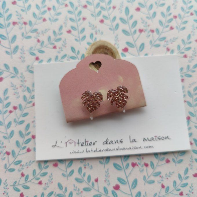 Boucles d'oreilles sans perçage feuille exotique à paillette