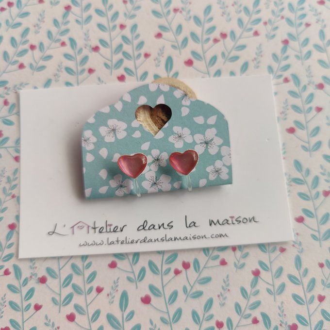 Boucles d'oreilles sans perçage coeur rose irisé
