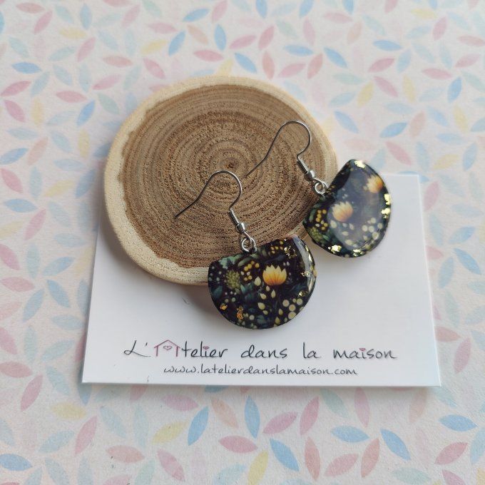 Boucles d'oreilles lotus noir et jaune