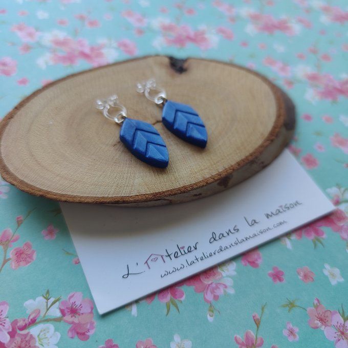 Boucles d'oreilles sans perçage plumes bleues